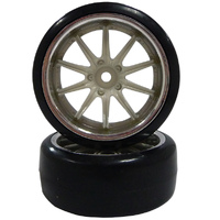 Correct Models 10 Spoke White/Chrome +Drift Tyres (pr) 1/10th